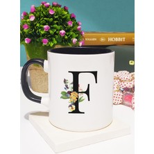 Çiçekli Harf Tasarımlı F Kupa Bardak Siyah