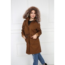 Buket Tekstil Kadın Kahverengi Peluşlu Oversize Gabardin Kumaş Içi Suni Kürklü Kaban Mont