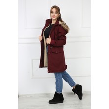 Buket Tekstil Kadın Bordo Peluşlu Oversize Gabardin Kumaş Içi Suni Kürklü Kaban Mont