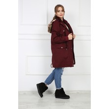 Buket Tekstil Kadın Bordo Peluşlu Oversize Gabardin Kumaş Içi Suni Kürklü Kaban Mont