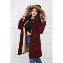 Buket Tekstil Kadın Bordo Peluşlu Oversize Gabardin Kumaş Içi Suni Kürklü Kaban Mont