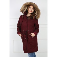 Buket Tekstil Kadın Bordo Peluşlu Oversize Gabardin Kumaş Içi Suni Kürklü Kaban Mont