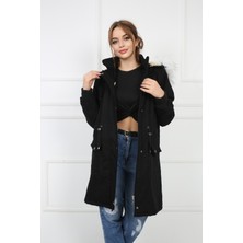 Buket Tekstil Kadın Siyah Peluşlu Oversize Gabardin Kumaş Içi Suni Kürklü Kaban Mont