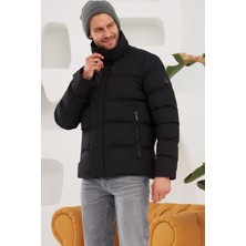 Erkek Dik Yaka Yağmur ve Rüzgar Geçirmez Puffer Mont Siyah
