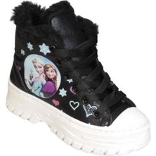 Yaz Kış Ayakkabı Yazkış Kız Çocuk Siyah Platin Kürklü Elsa Figüranlı Bağcıklı Fermuarlı Spor Bot