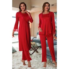 Puerpera Kadın Vişne Emzirme Özellikli Sabahlıklı Lohusa Hamile Pijama Takımı