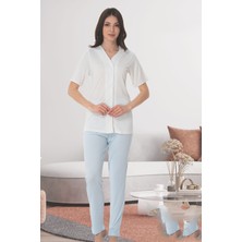 Puerpera Effortt Kadın Hamile Lohusa Pijama Takımı Yazlık Kısa Kollu Biyeli Puantiyeli Takım 1042