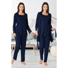 Puerpera Effort Kadın Lacivert Sabahlıklı Hamile Lohusa Pijama Takımı 3044