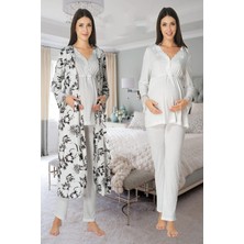 Puerpera Effort Kadın Ekru Uzun Kollu Lohusa Hamile Pijama Takımı Sabahlık Set 8094