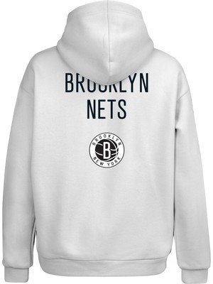 COTTONRULZ Beyaz Oversize Fit Unisex NBA Brooklyn Nets Baskılı Günlük Kapüşonlu Hoodie SweatshirtA