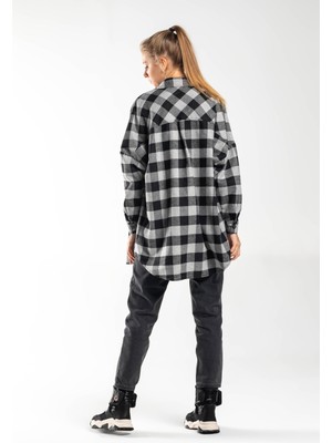 Ntrl Exclusive Kadın Oversize Tek Cepli Flanel Ekose Gömlek