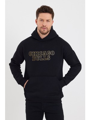 MRS Clothing Bulls Oversize Kapüşonlu Baskı Detaylı Kalın Kışlık Spor Siyah Sweatshirt