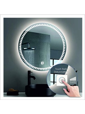 Dnr-Mirror50 Cm Beyaz Ledli Tasarım Kumlamalı Dokunmatik Tuşlu Banyo Aynası Makyaj Aynası Işıklı Ayna