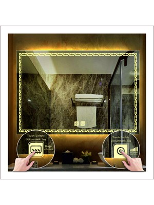 Dnr-Mirror75x105 Cm Günışığı Ledli Tasarım Kumlamalı Dokunmatik Tuşlu Buğu Önleyicili Banyo Aynası