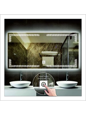 Dnr-Mirror75x105 Cm Beyaz Ledli Tasarım Kumlamalı Dokunmatik Tuşlu Banyo Aynası Makyaj Aynası Işıklı Ayna