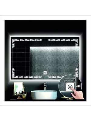 Dnr-Mirror75x105 Cm Beyaz Ledli Tasarım Kumlamalı Dokunmatik Tuşlu Banyo Aynası Makyaj Aynası Işıklı Ayna