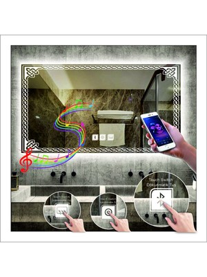Dnr-Mirror65x90 Cm Beyaz Ledli Tasarım Kumlamalı Dokunmatik Bluetoothlu Buğu Önleyicili Makyaj Banyo Aynası