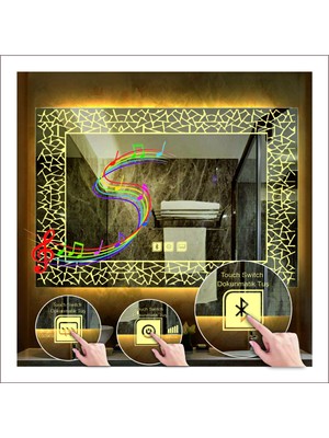 Dnr-Mirror70x90 Cm Günışığı Ledli Tasarım Kumlamalı Dokunmatik Bluetoothlu Buğu Önleyicili Makyaj Banyo Aynası