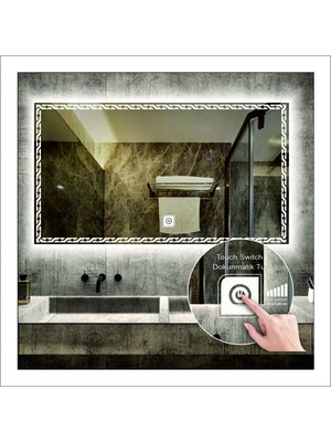 Dnr-Mirror75x105 Cm Beyaz Ledli Tasarım Kumlamalı Dokunmatik Tuşlu Banyo Aynası Makyaj Aynası Işıklı Ayna