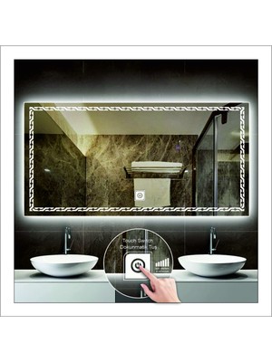 Dnr-Mirror75x105 Cm Beyaz Ledli Tasarım Kumlamalı Dokunmatik Tuşlu Banyo Aynası Makyaj Aynası Işıklı Ayna