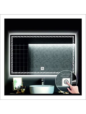 Dnr-Mirror75x105 Cm Beyaz Ledli Tasarım Kumlamalı Dokunmatik Tuşlu Banyo Aynası Makyaj Aynası Işıklı Ayna