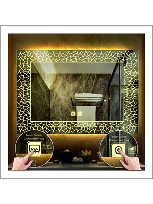 Dnr-Mirror70x100 Cm Günışığı Ledli Tasarım Kumlamalı Dokunmatik Tuşlu Buğu Önleyicili Banyo Aynası