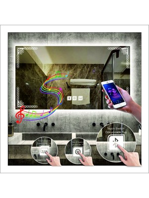 Dnr-Mirror80x100 Cm Beyaz Ledli Tasarım Kumlamalı Dokunmatik Bluetoothlu Buğu Önleyicili Makyaj Banyo Aynası