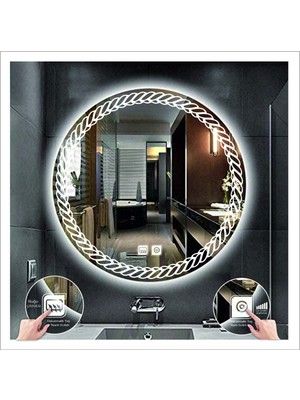 Dnr-Mirror50 Cm Beyaz Ledli Tasarım Kumlamalı Dokunmatik Tuşlu Buğu Önleyicili Banyo Aynası Makyaj Aynası