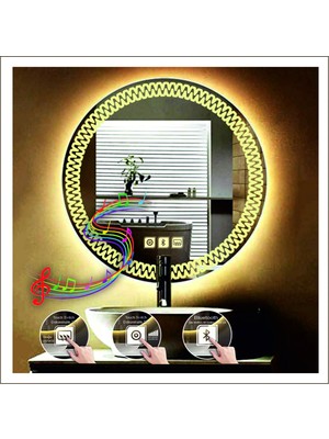 Dnr-Mirror90 Cm Günışığı Ledli Tasarım Kumlamalı Dokunmatik Bluetoothlu Buğu Önleyicili Makyaj Banyo Aynası