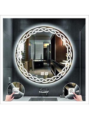 Dnr-MirrorDnr-Mirror 70 cm Beyaz Ledli Tasarım Kumlamalı Dokunmatik Tuşlu Buğu Önleyicili Banyo Aynası Makyaj Aynası