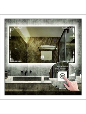 Dnr-Mirror70x90 Cm Beyaz Ledli Tasarım Kumlamalı Dokunmatik Tuşlu Banyo Aynası Makyaj Aynası Işıklı Ayna