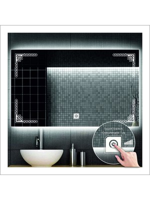 Dnr-Mirror70x90 Cm Beyaz Ledli Tasarım Kumlamalı Dokunmatik Tuşlu Banyo Aynası Makyaj Aynası Işıklı Ayna