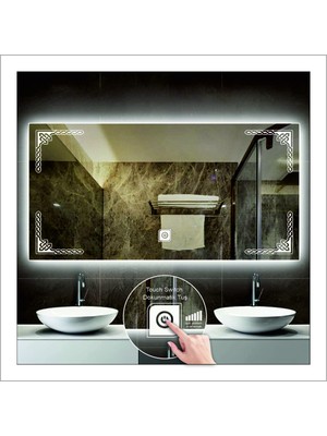 Dnr-Mirror70x90 Cm Beyaz Ledli Tasarım Kumlamalı Dokunmatik Tuşlu Banyo Aynası Makyaj Aynası Işıklı Ayna