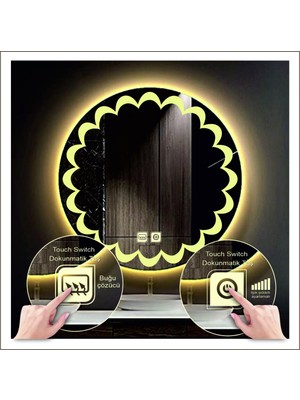 Dnr-Mirror90 Cm Günışığı Ledli Tasarım Kumlamalı Dokunmatik Tuşlu Buğu Önleyicili Banyo Aynası Makyaj Aynası