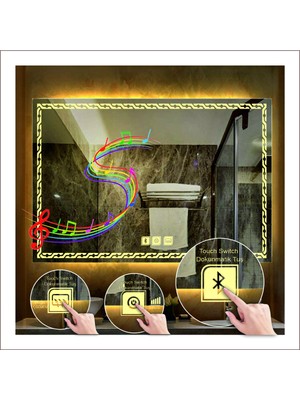 Dnr-Mirror80x120 Cm Günışığı Ledli Tasarım Kumlamalı Dokunmatik Bluetoothlu Buğu Önleyicili Banyo Aynası