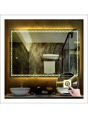 Dnr-Mirror70x90 Cm Günışığı Ledli Tasarım Kumlamalı Dokunmatik Tuşlu Banyo Aynası Makyaj Aynası Işıklı Ayna