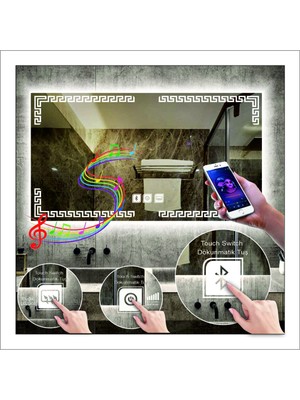 Dnr-Mirror70x90 Cm Beyaz Ledli Tasarım Kumlamalı Dokunmatik Bluetoothlu Buğu Önleyicili Makyaj Banyo Aynası