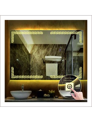 Dnr-Mirror70x90 Cm Günışığı Ledli Tasarım Kumlamalı Dokunmatik Tuşlu Banyo Aynası Makyaj Aynası Işıklı Ayna