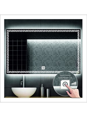 Dnr-Mirror70x90 Cm Beyaz Ledli Tasarım Kumlamalı Dokunmatik Tuşlu Banyo Aynası Makyaj Aynası Işıklı Ayna