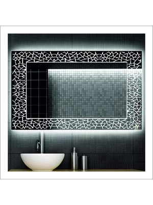 Dnr-Mirror70x90 Cm Beyaz Ledli Tasarım Kumlamalı Banyo Aynası Makyaj Aynası Işıklı Ayna