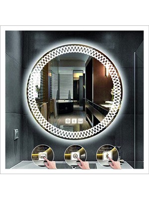 Dnr-Mirror55 Cm Beyaz Ledli Tasarım Kumlamalı Dokunmatik Bluetoothlu Buğu Önleyicili Banyo Aynası Makyaj Ayna