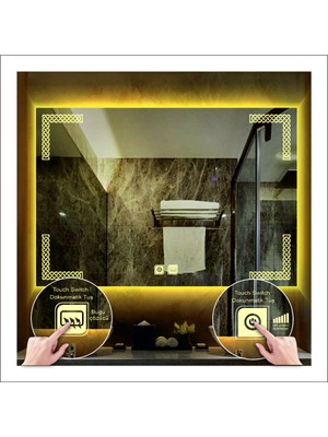 Dnr-Mirror80x100 Cm Günışığı Ledli Tasarım Kumlamalı Dokunmatik Tuşlu Buğu Önleyicili Banyo Aynası