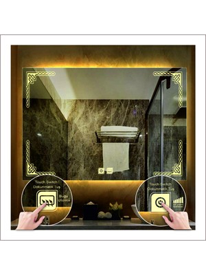Dnr-Mirror65x90 Cm Günışığı Ledli Tasarım Kumlamalı Dokunmatik Tuşlu Buğu Önleyicili Banyo Aynası