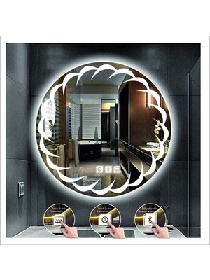 Dnr-MirrorDnr-Mirror 70 cm Beyaz Ledli Tasarım Kumlamalı Dokunmatik Bluetoothlu Buğu Önleyicili Banyo Aynası Makyaj Ayna