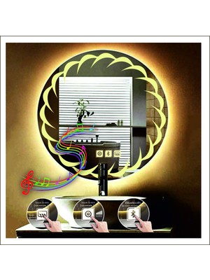 Dnr-Mirror90 Cm Günışığı Ledli Tasarım Kumlamalı Dokunmatik Bluetoothlu Buğu Önleyicili Makyaj Banyo Aynası