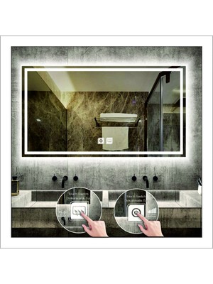 Dnr-Mirror65x90 Cm Beyaz Ledli Tasarım Kumlamalı Dokunmatik Tuşlu Buğu Önleyicili Banyo Aynası Makyaj Aynası