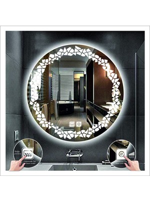 Dnr-MirrorDnr-Mirror 80 cm Beyaz Ledli Tasarım Kumlamalı Dokunmatik Tuşlu Buğu Önleyicili Banyo Aynası Makyaj Aynası