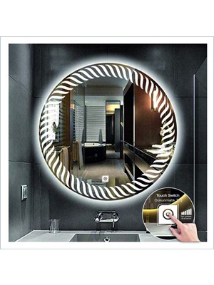 Dnr-Mirror90 Cm Beyaz Ledli Tasarım Kumlamalı Dokunmatik Tuşlu Banyo Aynası Makyaj Aynası Işıklı Ayna