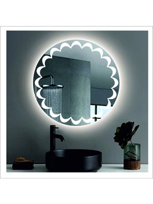 Dnr-Mirror50 Cm Beyaz Ledli Tasarım Kumlamalı Banyo Aynası Makyaj Aynası Işıklı Ayna