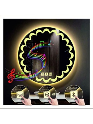 Dnr-Mirror90 Cm Günışığı Ledli Tasarım Kumlamalı Dokunmatik Bluetoothlu Buğu Önleyicili Makyaj Banyo Aynası